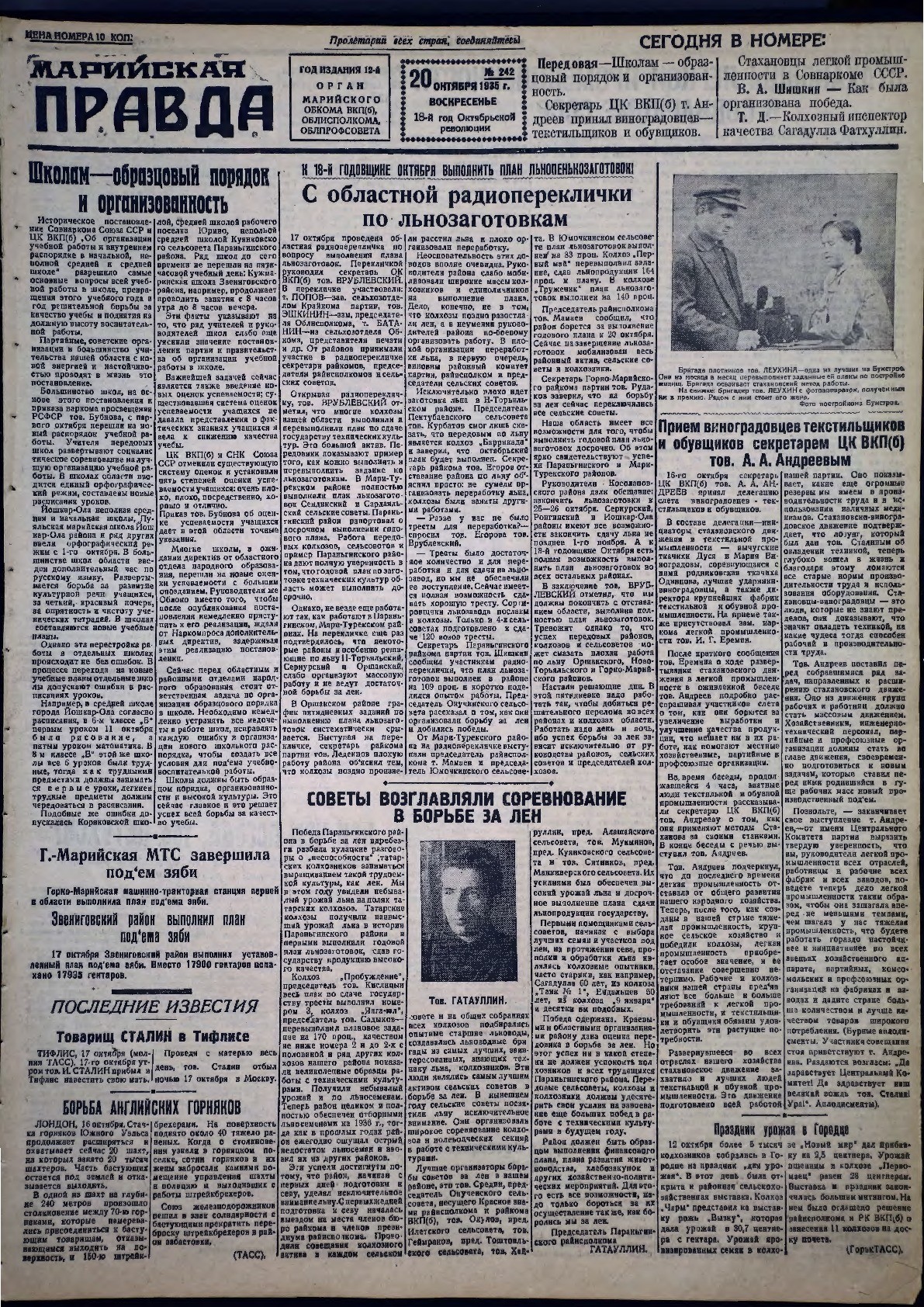 Газета «Марийская правда» от 20.10.1935