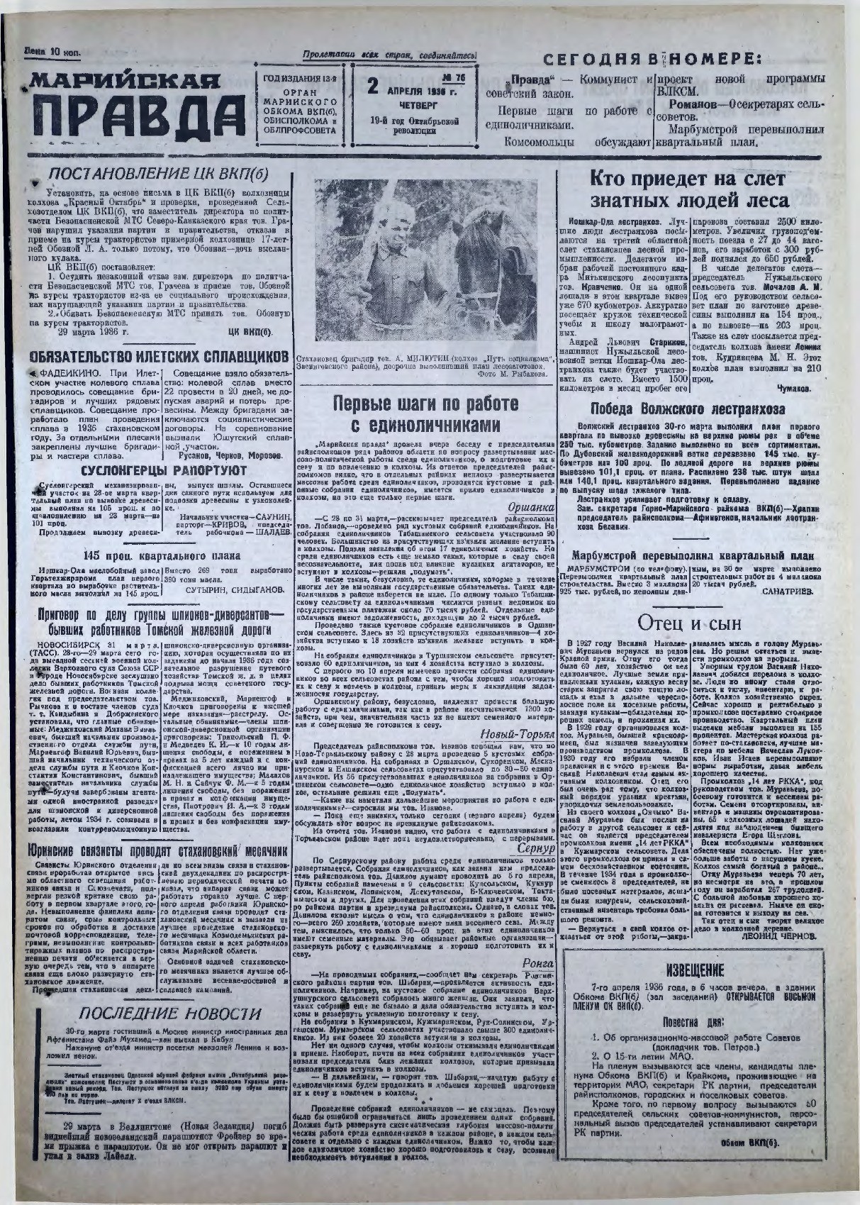 Газета «Марийская правда» от 02.04.1936