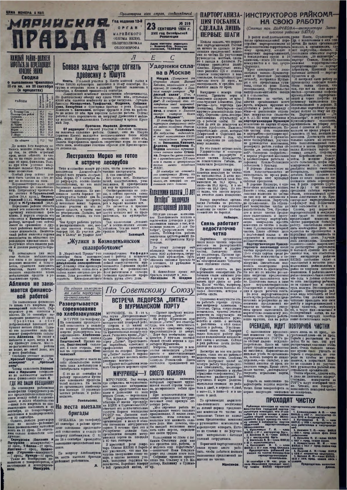 Газета «Марийская правда» от 23.09.1934