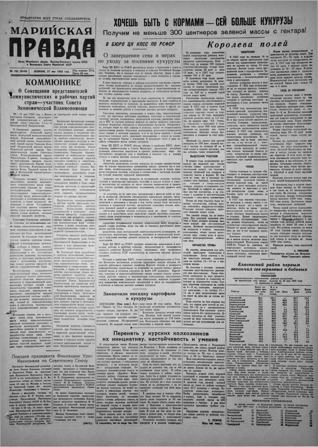 Газета «Марийская правда» от 27.05.1958