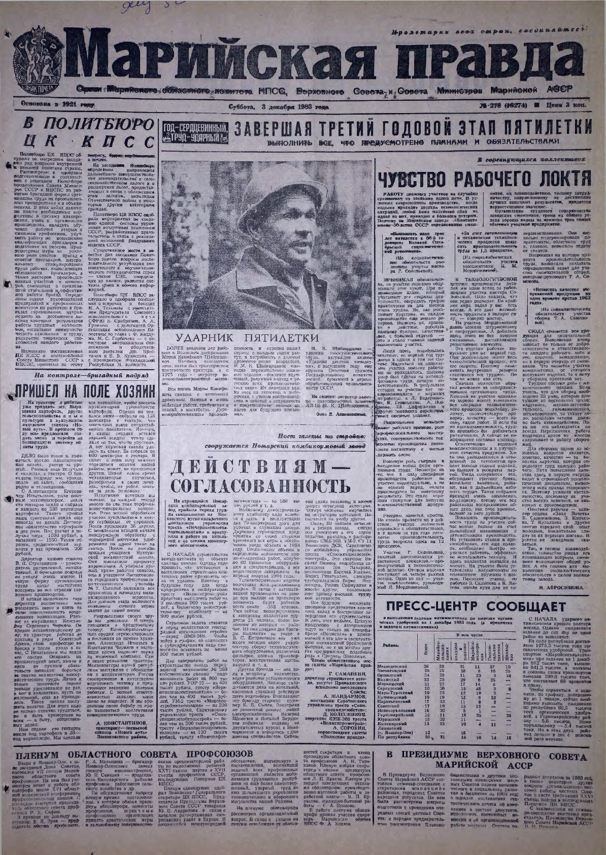Газета «Марийская правда» от 03.12.1983
