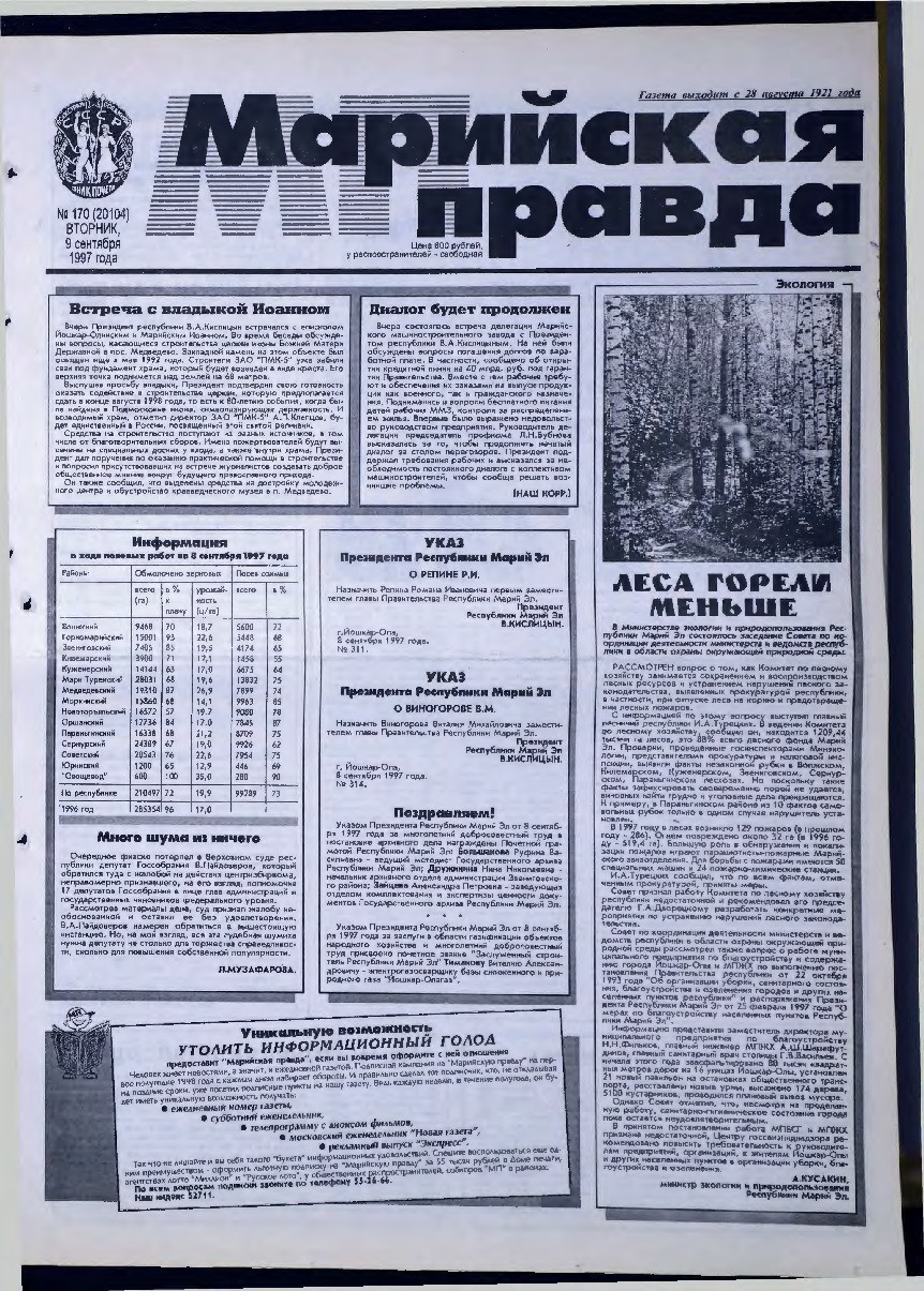 Газета «Марийская правда» от 09.09.1997