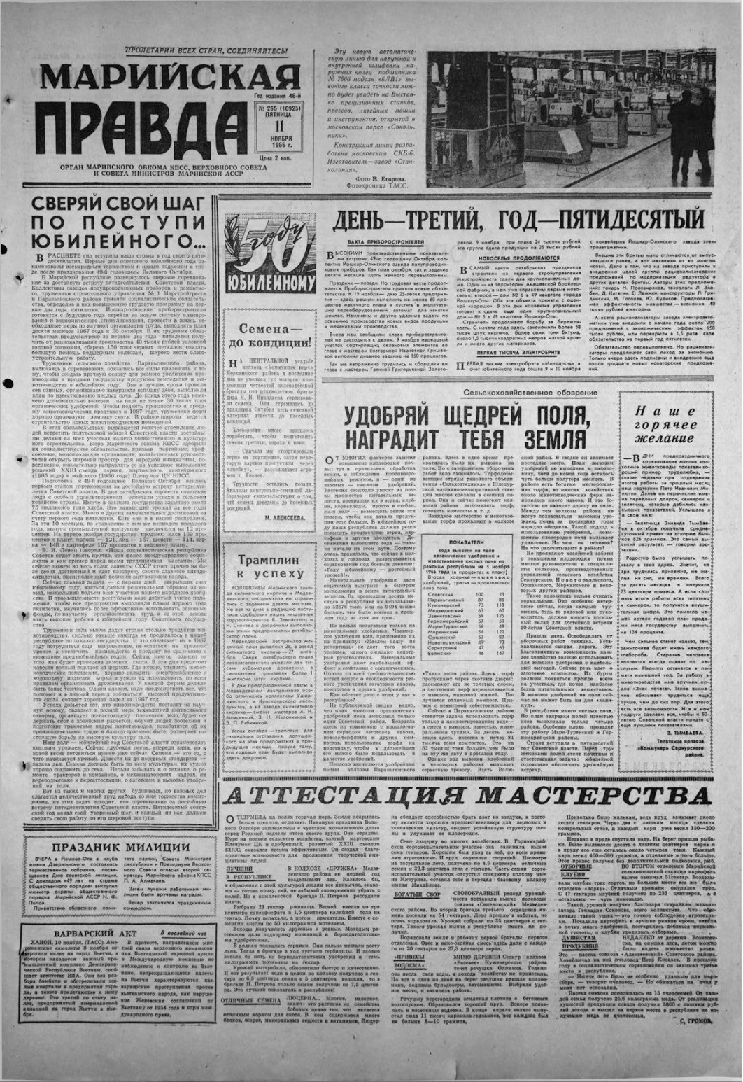 Газета «Марийская правда» от 11.11.1966