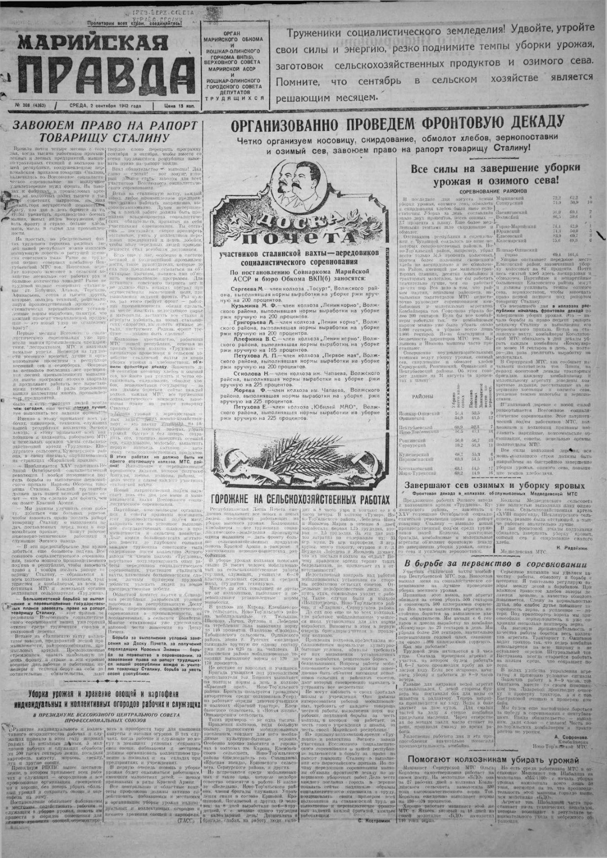 Газета «Марийская правда» от 02.09.1942