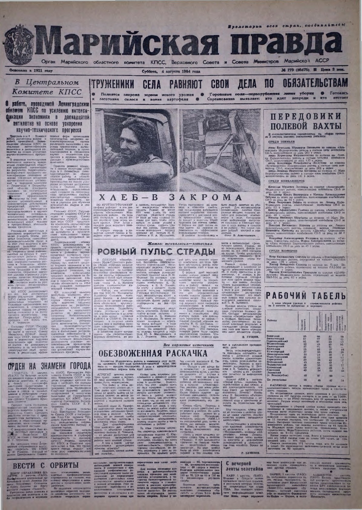 Газета «Марийская правда» от 04.08.1984