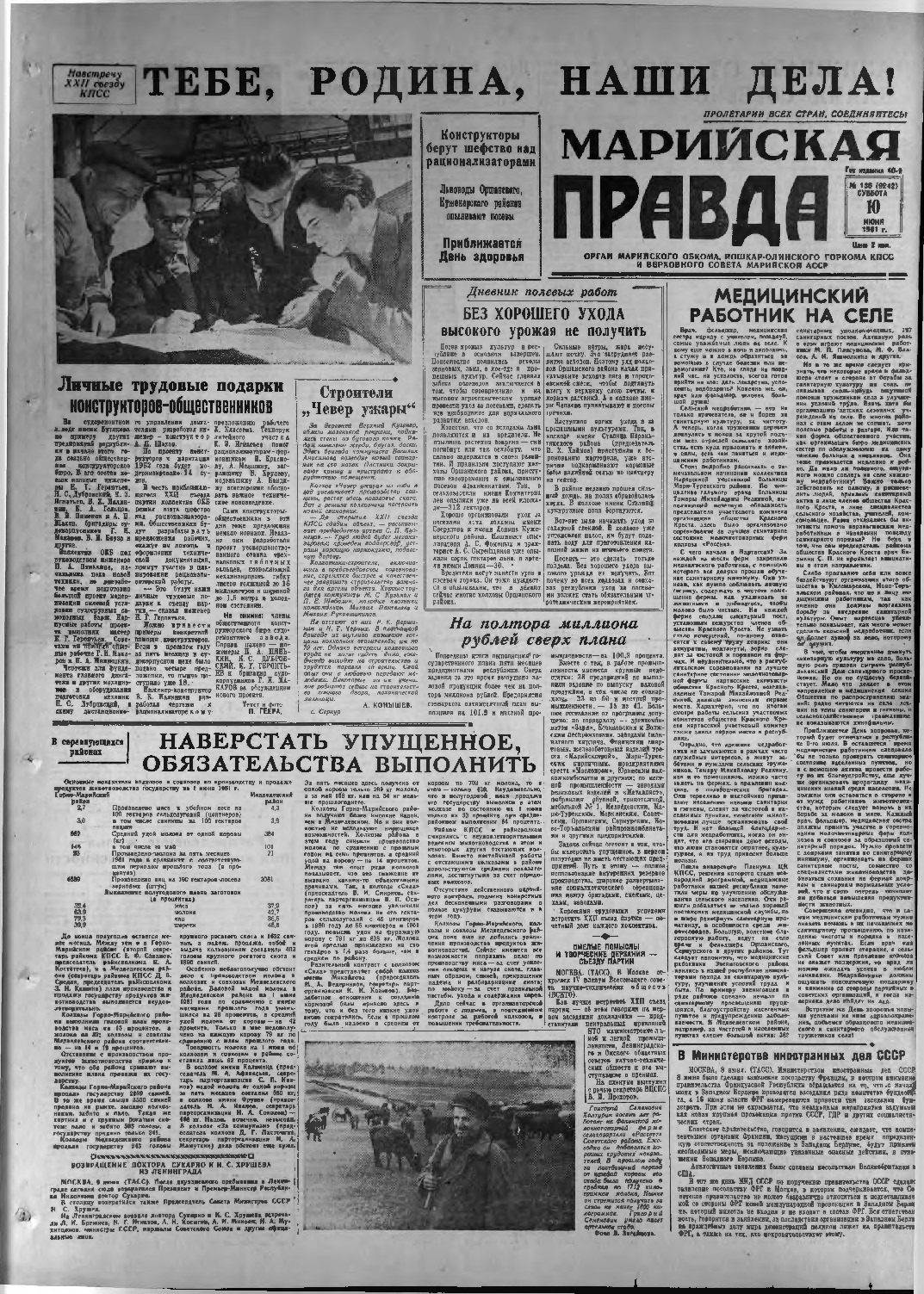 Газета «Марийская правда» от 10.06.1961