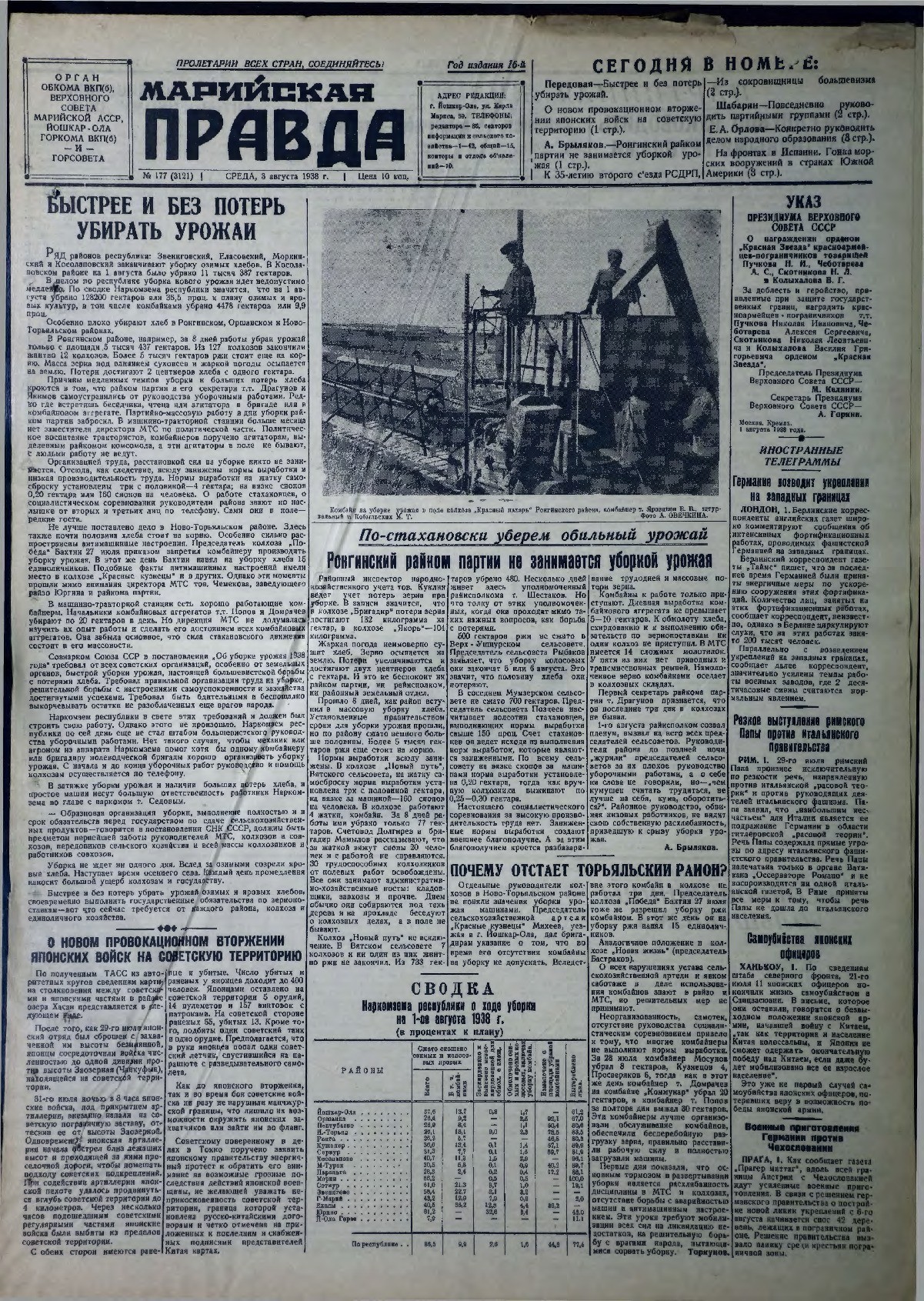 Газета «Марийская правда» от 03.08.1938