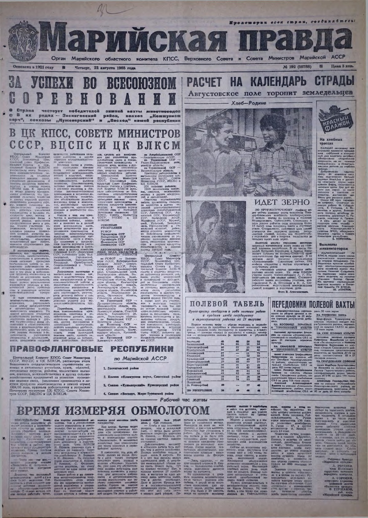 Газета «Марийская правда» от 22.08.1985