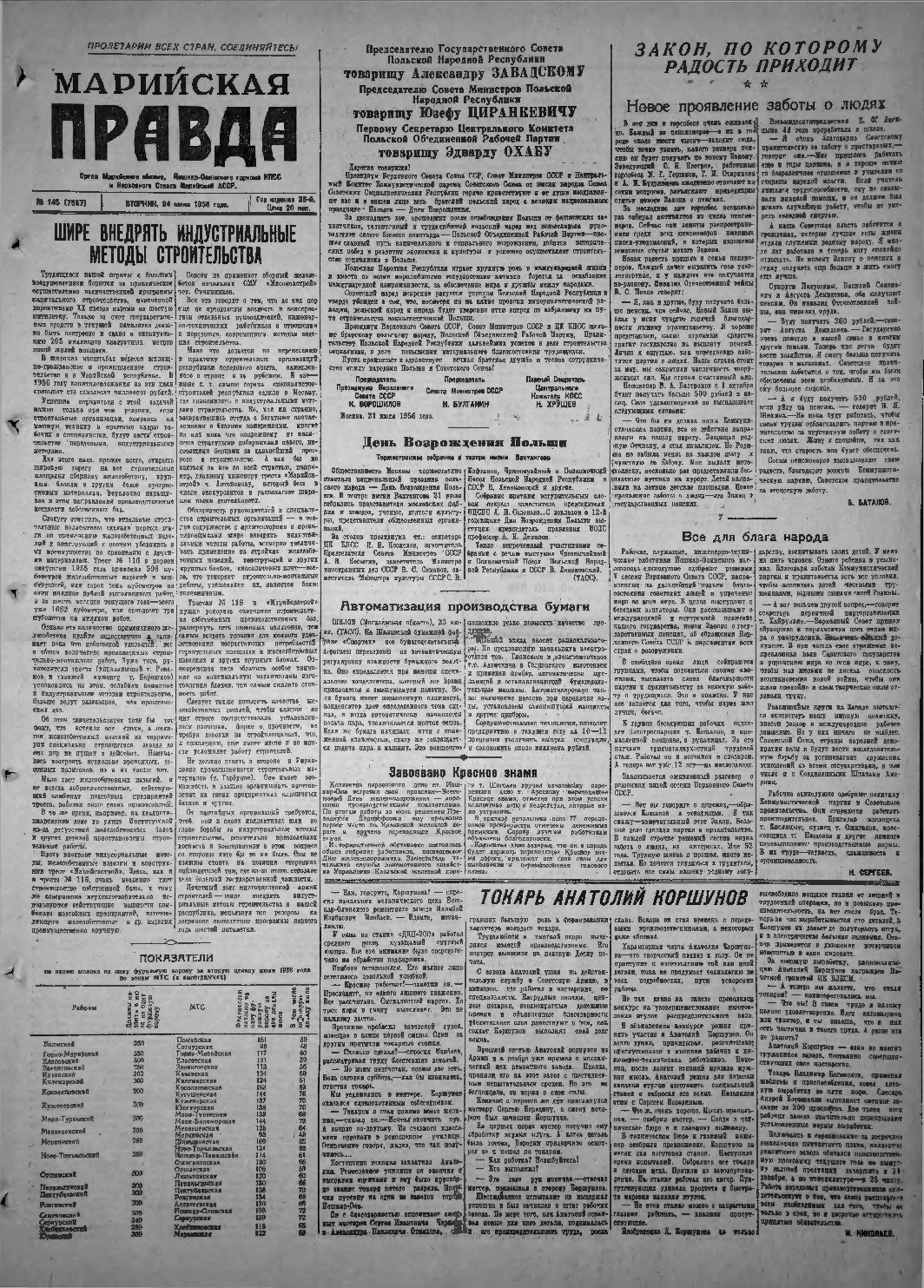 Газета «Марийская правда» от 24.07.1956