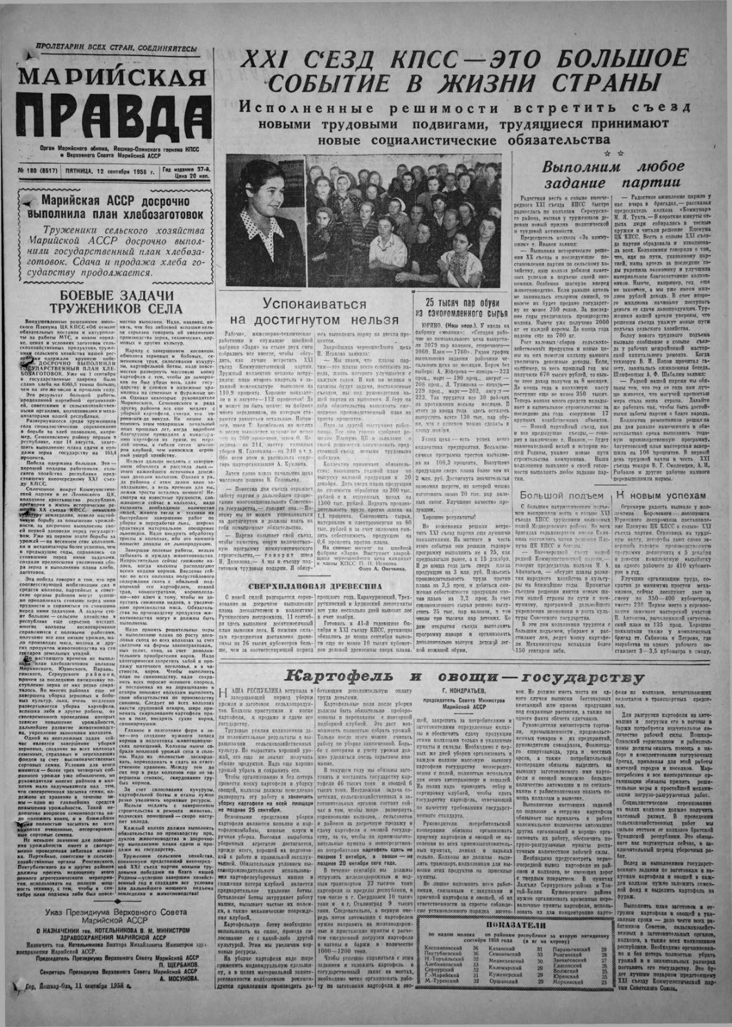 Газета «Марийская правда» от 12.09.1958