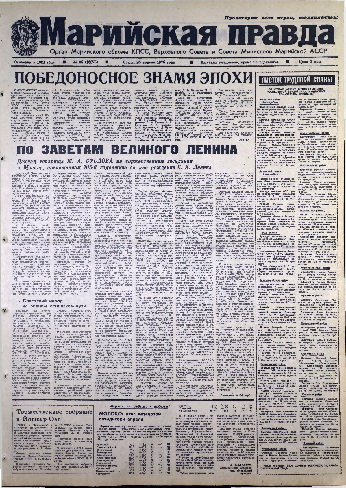 Газета «Марийская правда» от 23.04.1975