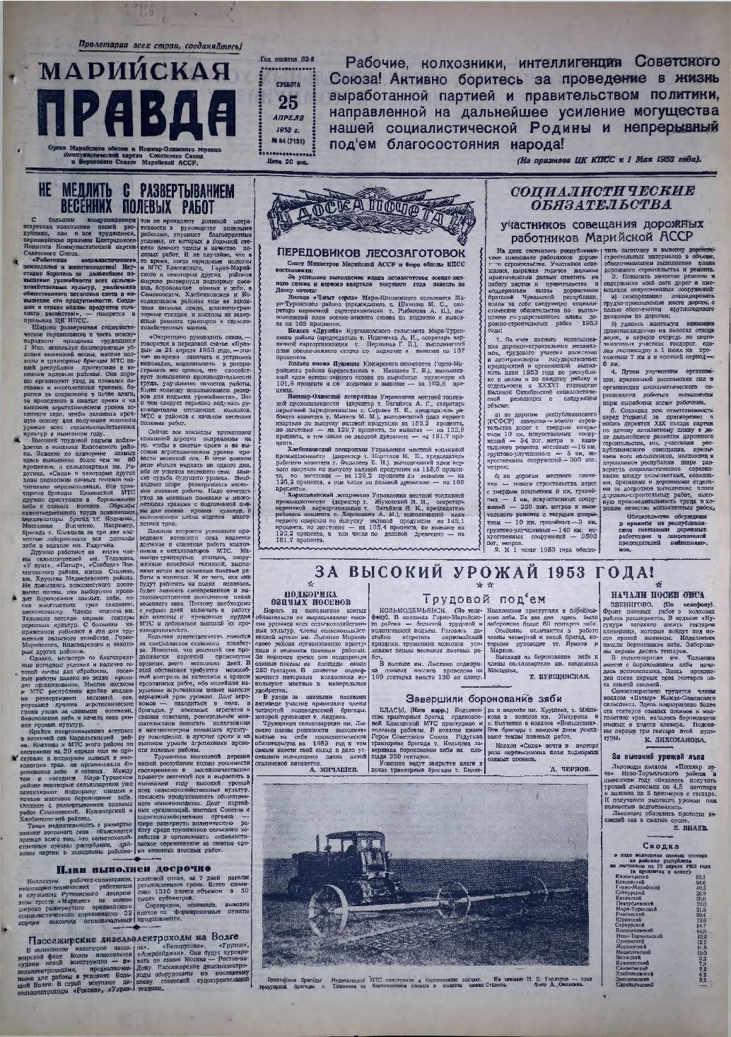 Газета «Марийская правда» от 25.04.1953