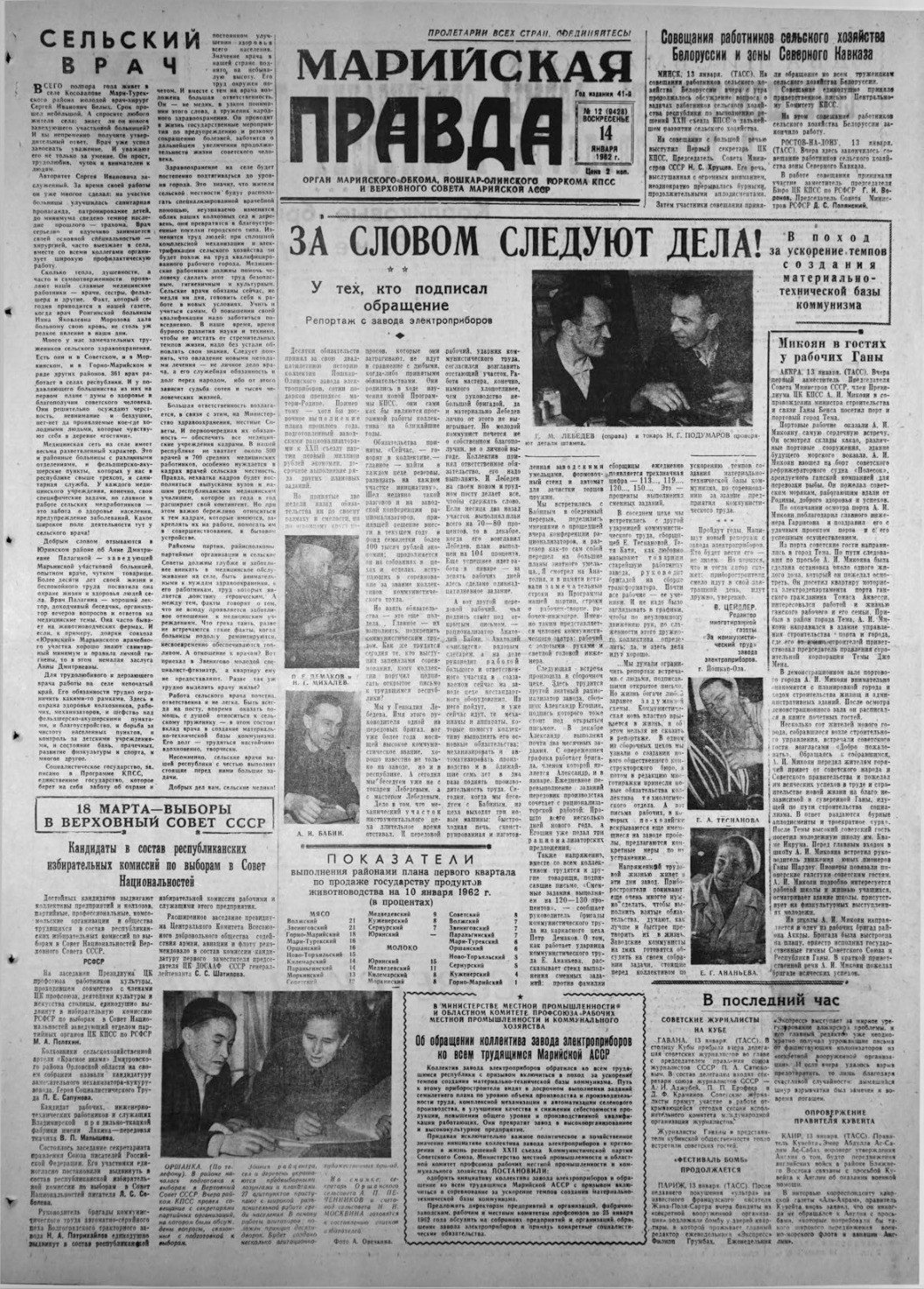 Газета «Марийская правда» от 14.01.1962