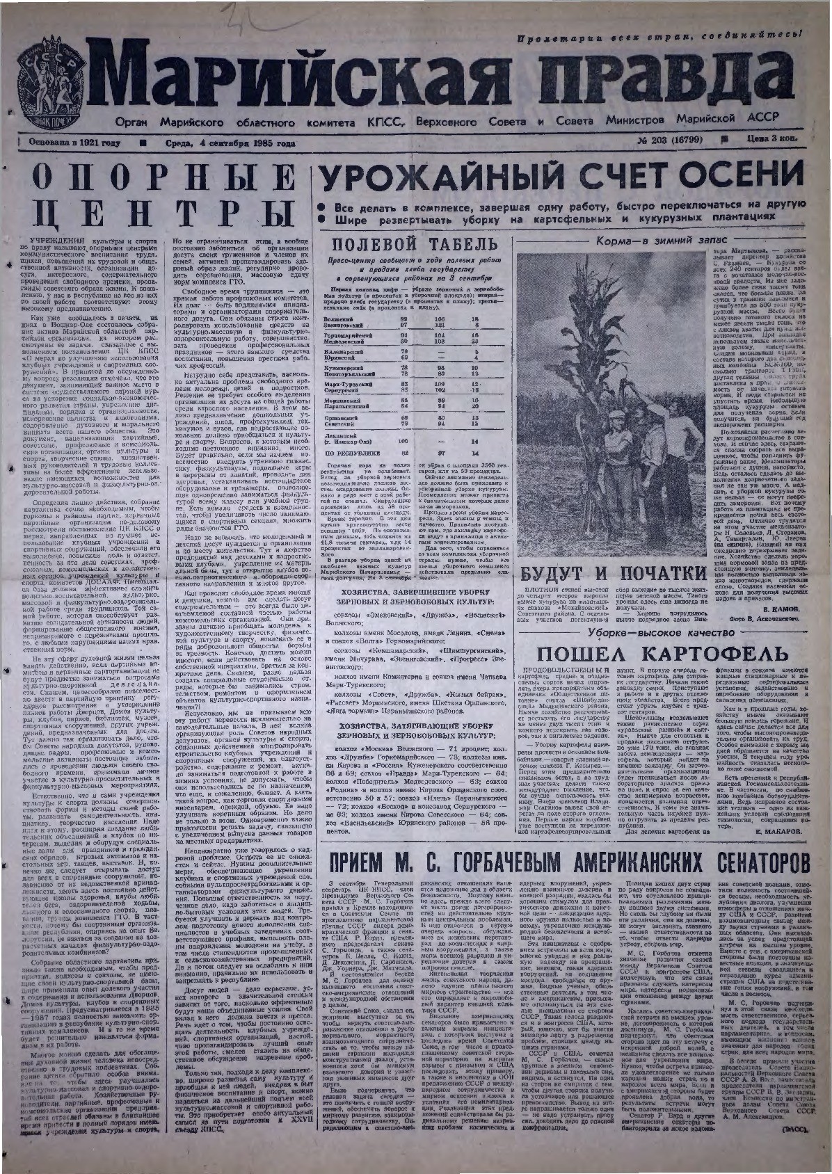 Газета «Марийская правда» от 04.09.1985