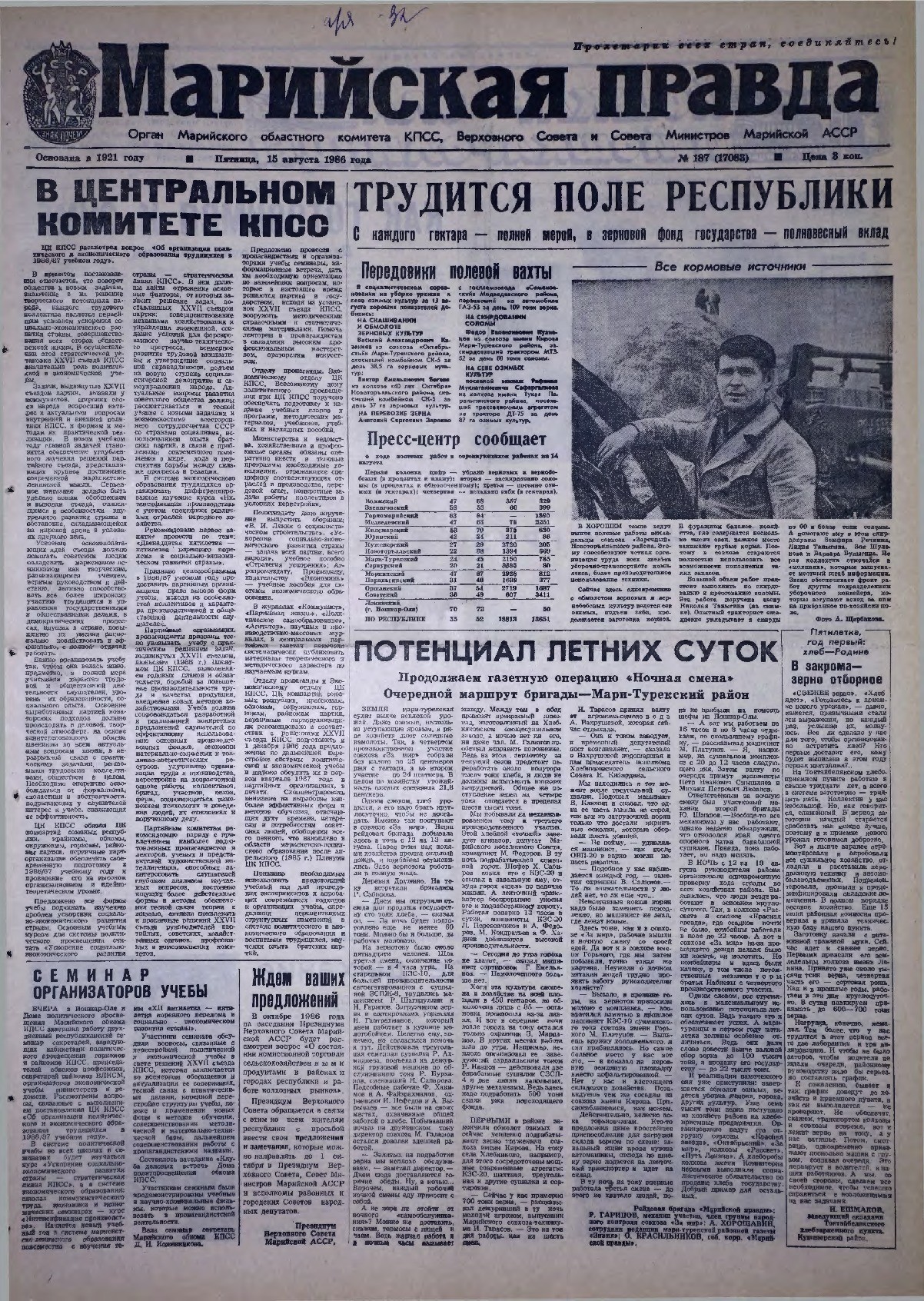 Газета «Марийская правда» от 15.08.1986