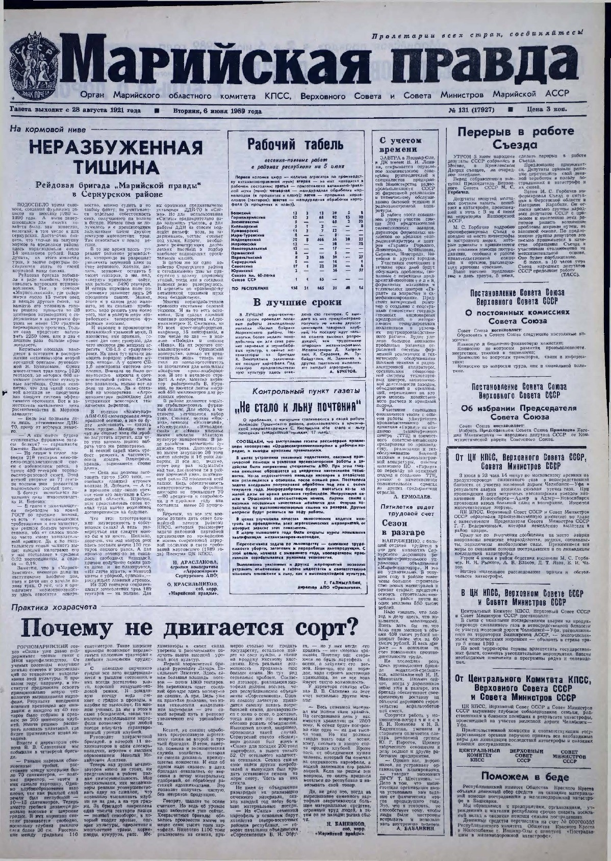 Газета «Марийская правда» от 06.06.1989