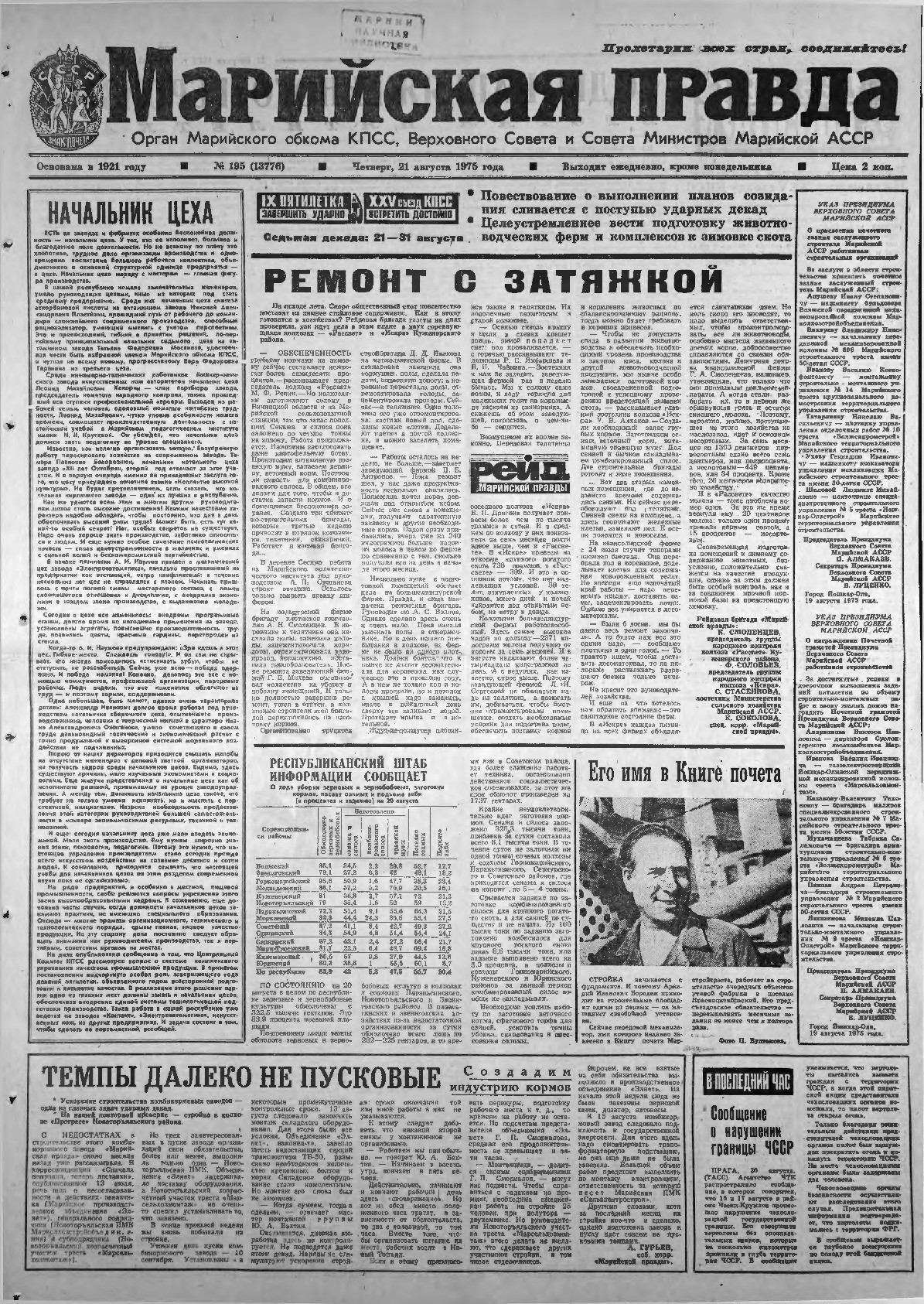 Газета «Марийская правда» от 21.08.1975