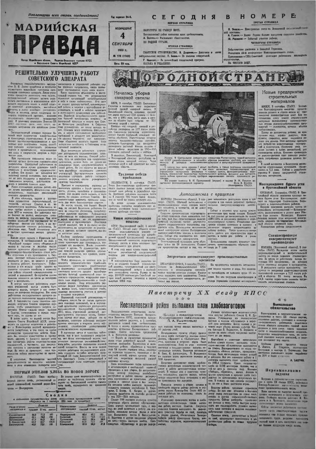 Газета «Марийская правда» от 04.09.1955