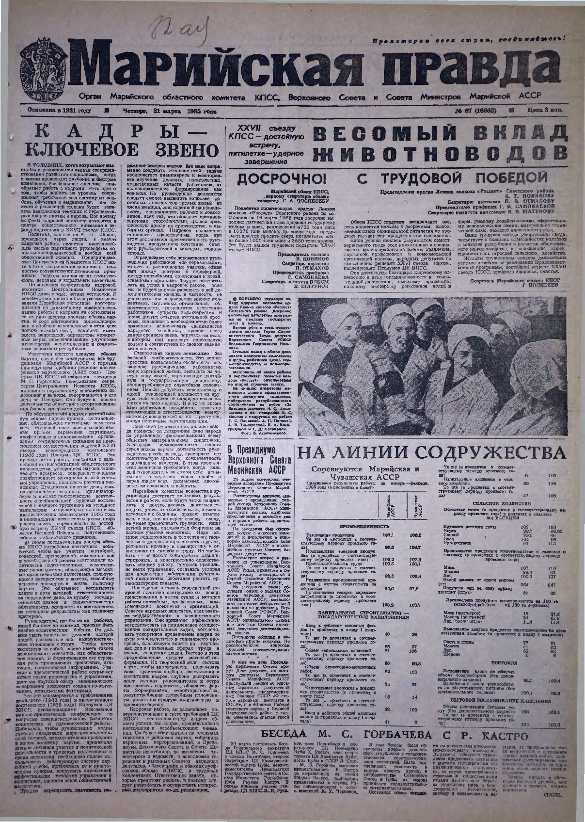 Газета «Марийская правда» от 21.03.1985