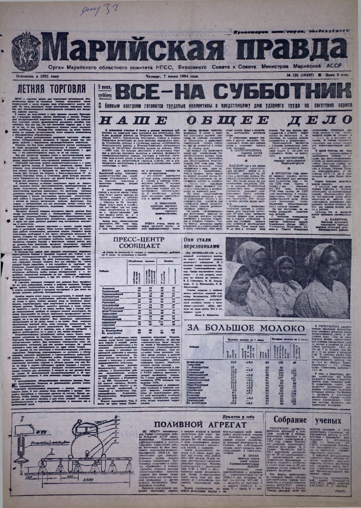 Газета «Марийская правда» от 07.06.1984