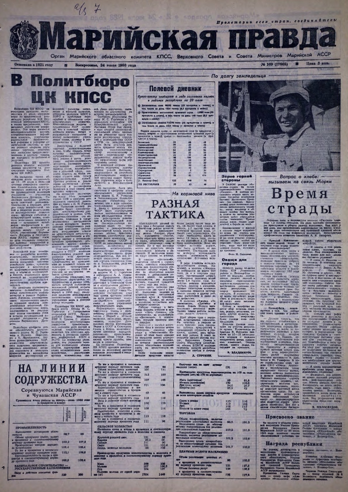 Газета «Марийская правда» от 24.07.1988