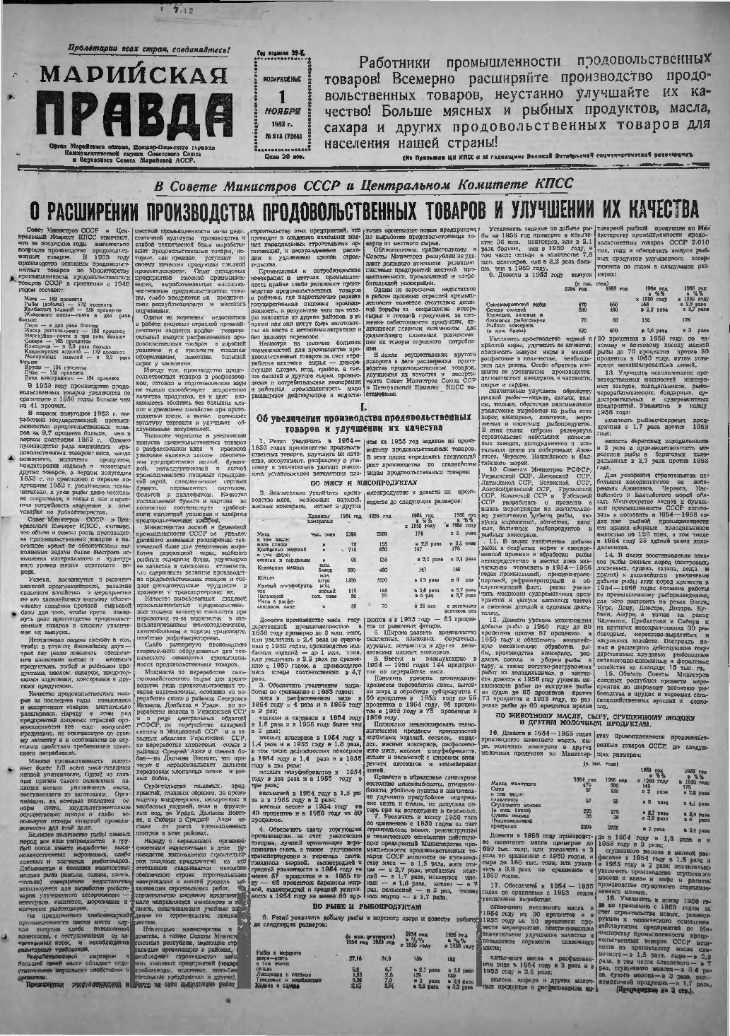Газета «Марийская правда» от 01.11.1953
