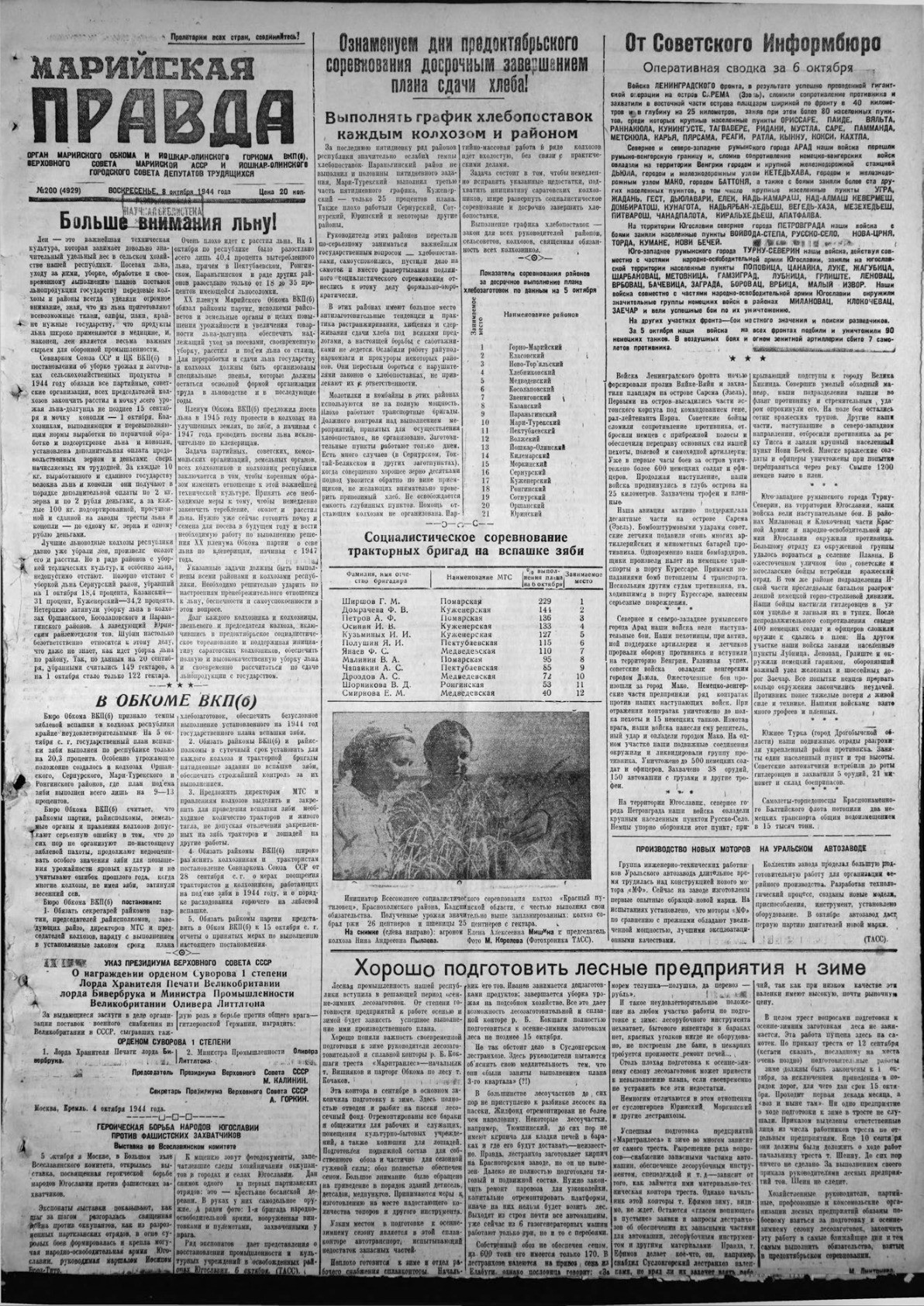 Газета «Марийская правда» от 08.10.1944