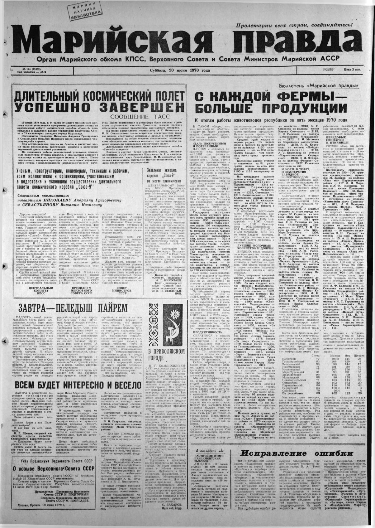 Газета «Марийская правда» от 20.06.1970