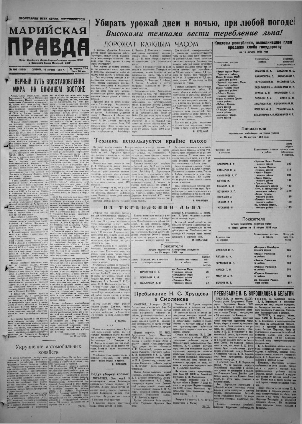 Газета «Марийская правда» от 16.08.1958