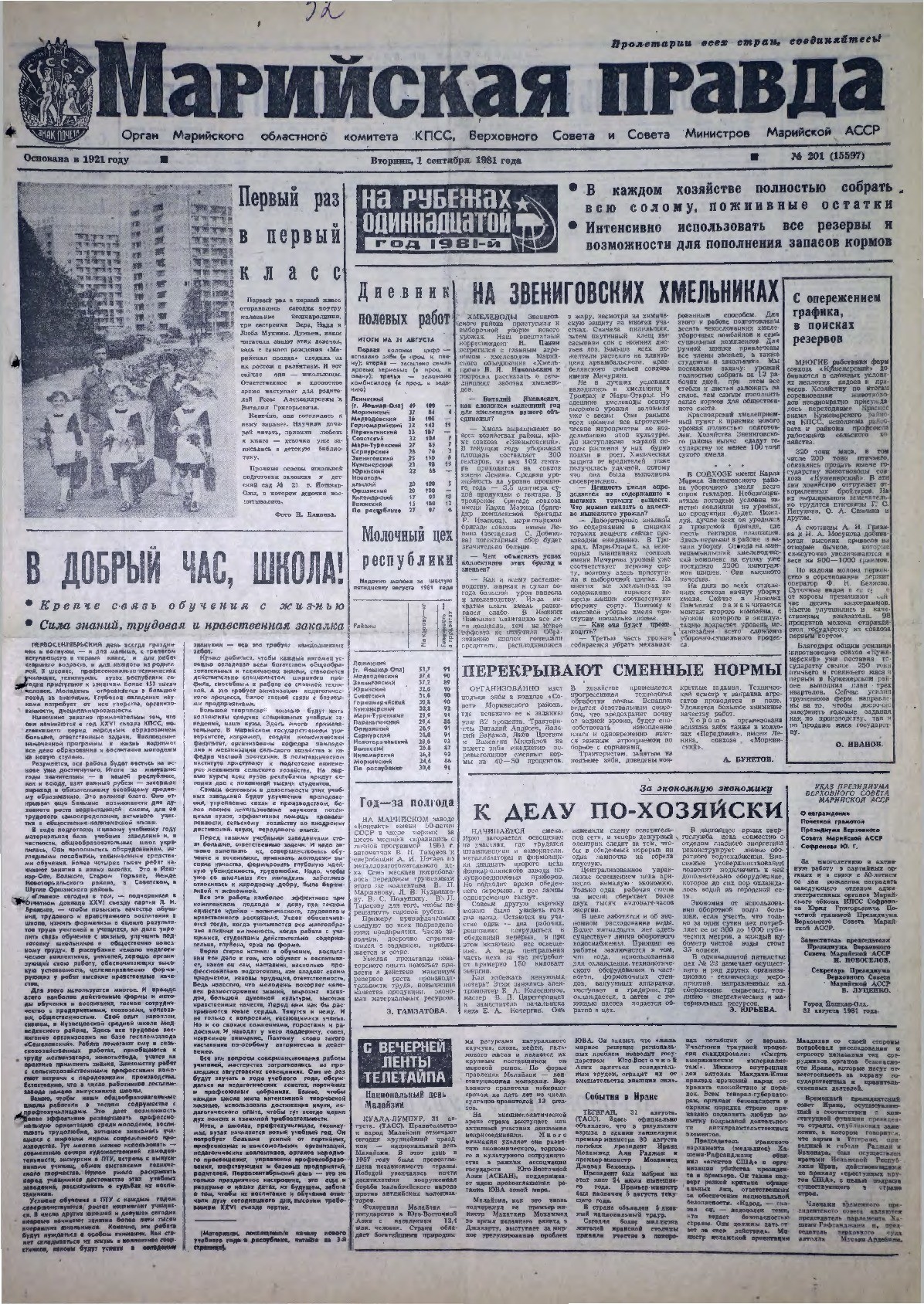 Газета «Марийская правда» от 01.09.1981