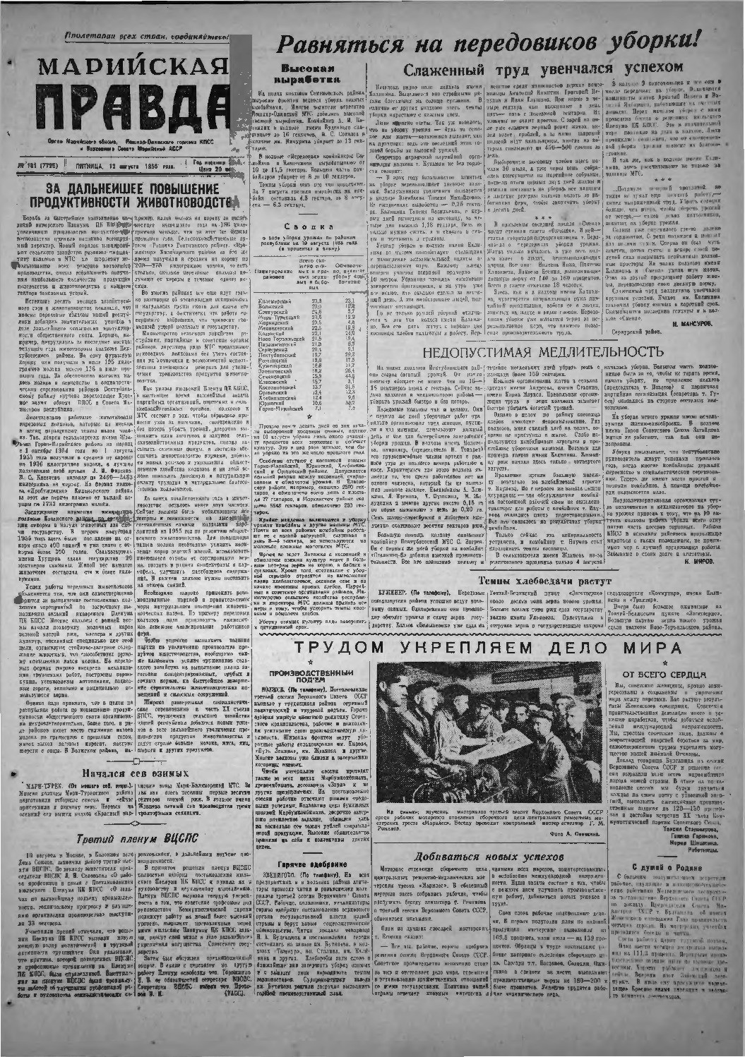 Газета «Марийская правда» от 12.08.1955