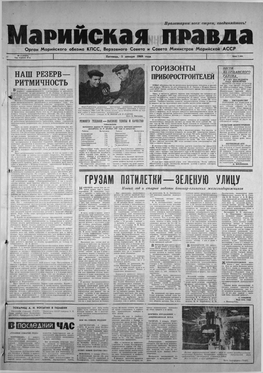 Газета «Марийская правда» от 05.01.1968