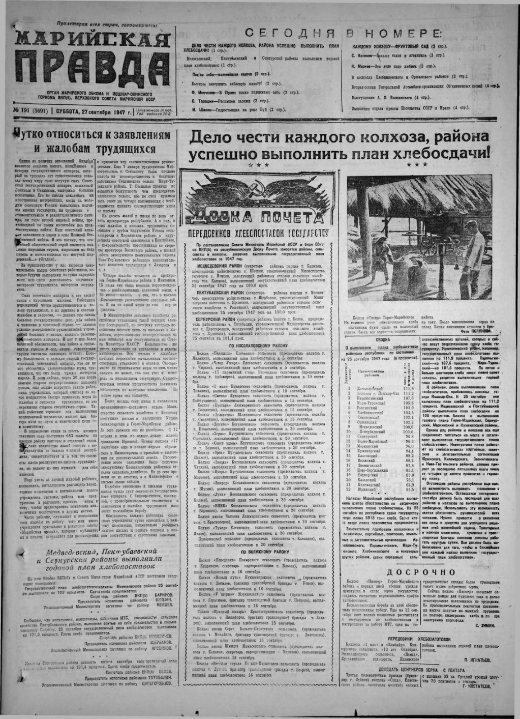 Газета «Марийская правда» от 27.09.1947