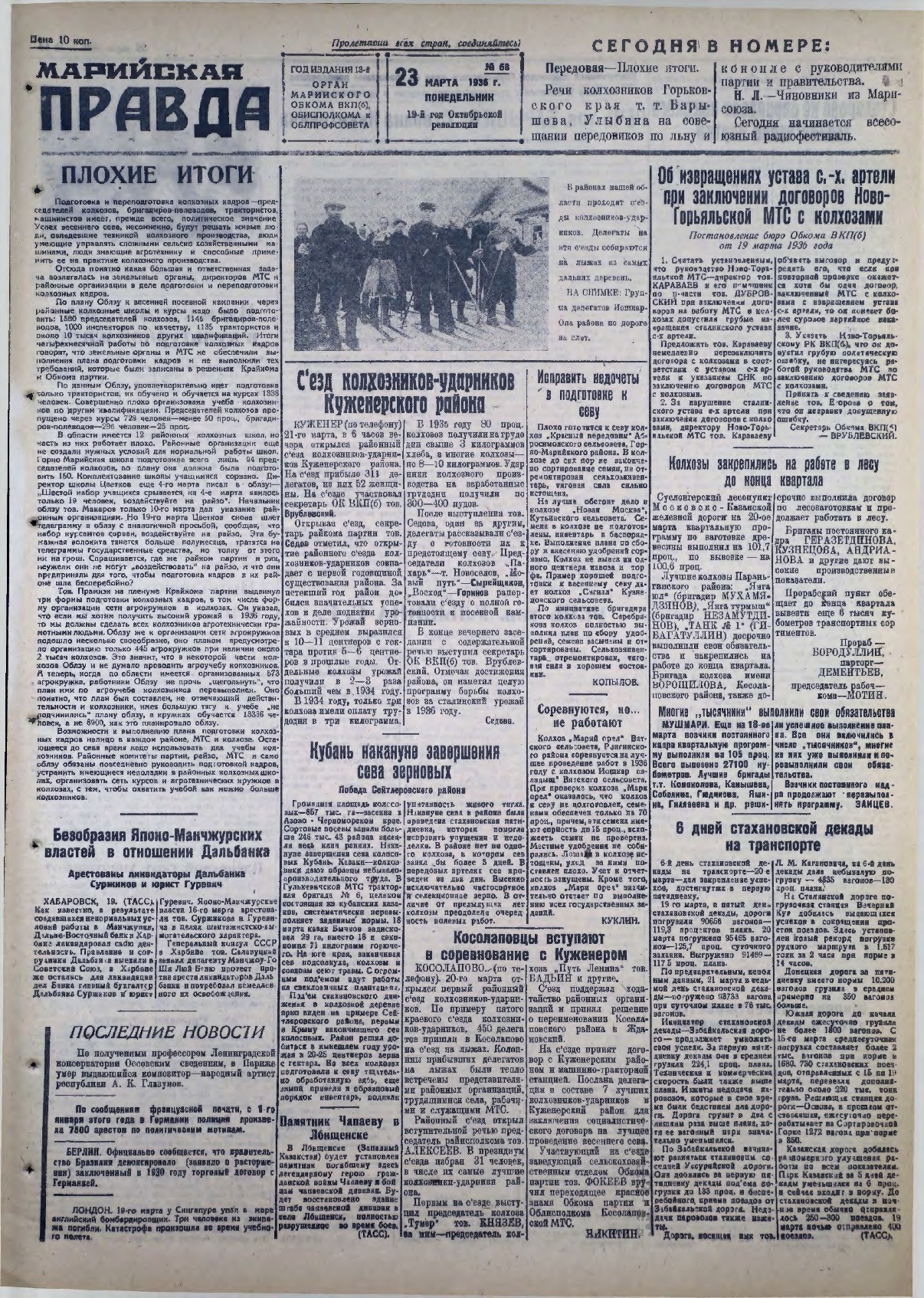 Газета «Марийская правда» от 23.03.1936