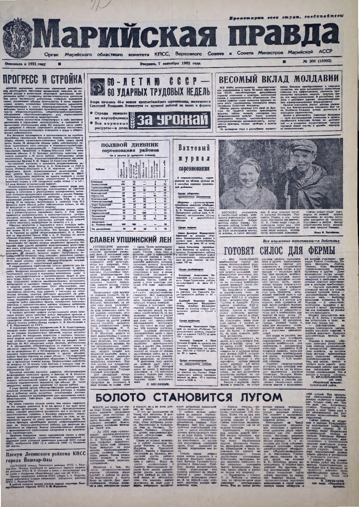 Газета «Марийская правда» от 07.09.1982