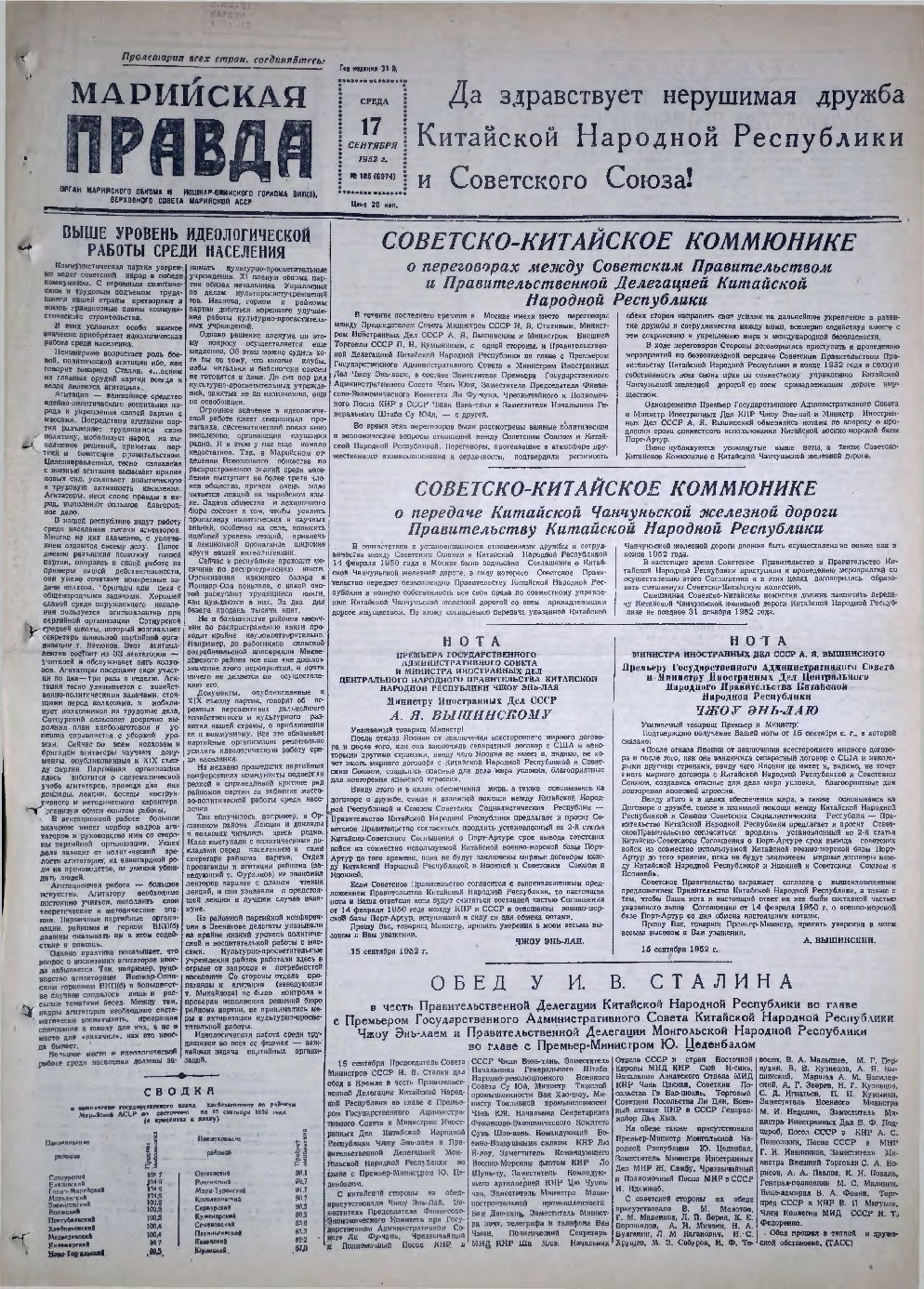 Газета «Марийская правда» от 17.09.1952