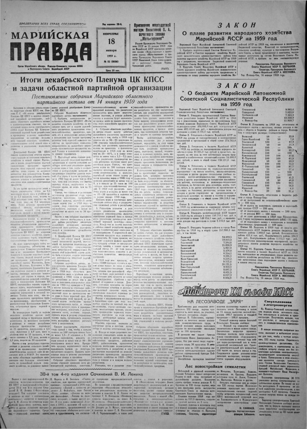 Газета «Марийская правда» от 18.01.1959