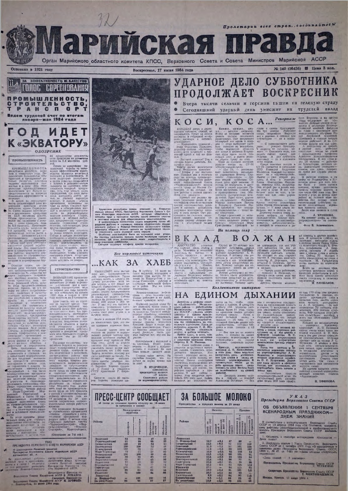 Газета «Марийская правда» от 17.06.1984