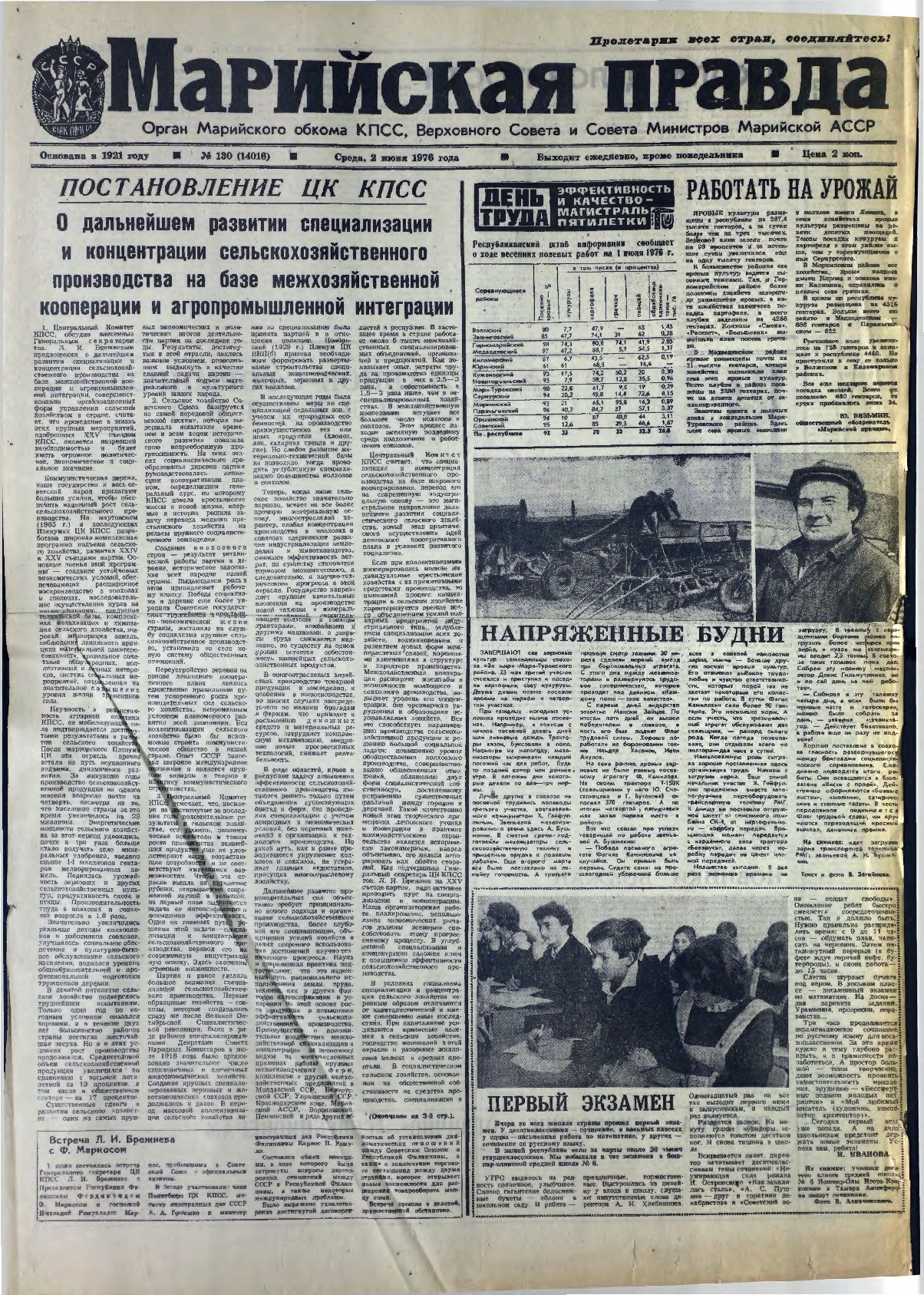 Газета «Марийская правда» от 02.06.1976