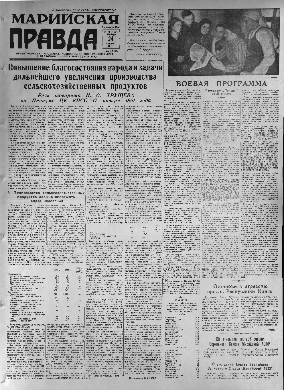 Газета «Марийская правда» от 24.01.1961