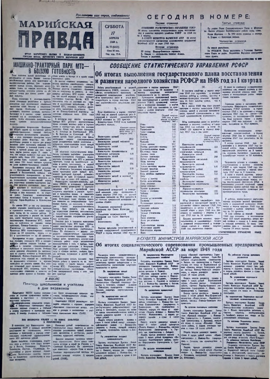 Газета «Марийская правда» от 17.04.1948