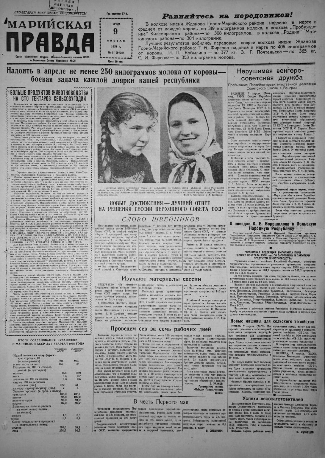 Газета «Марийская правда» от 09.04.1958