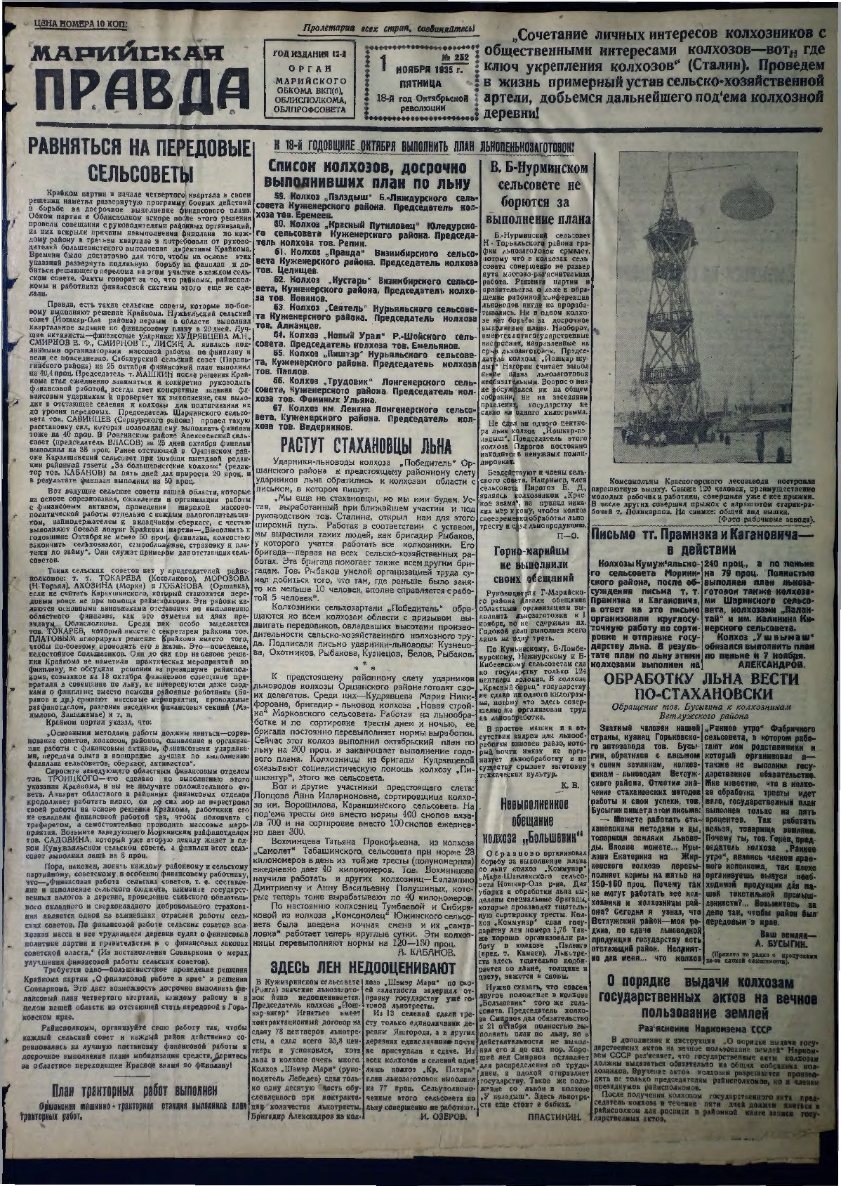 Газета «Марийская правда» от 01.11.1935