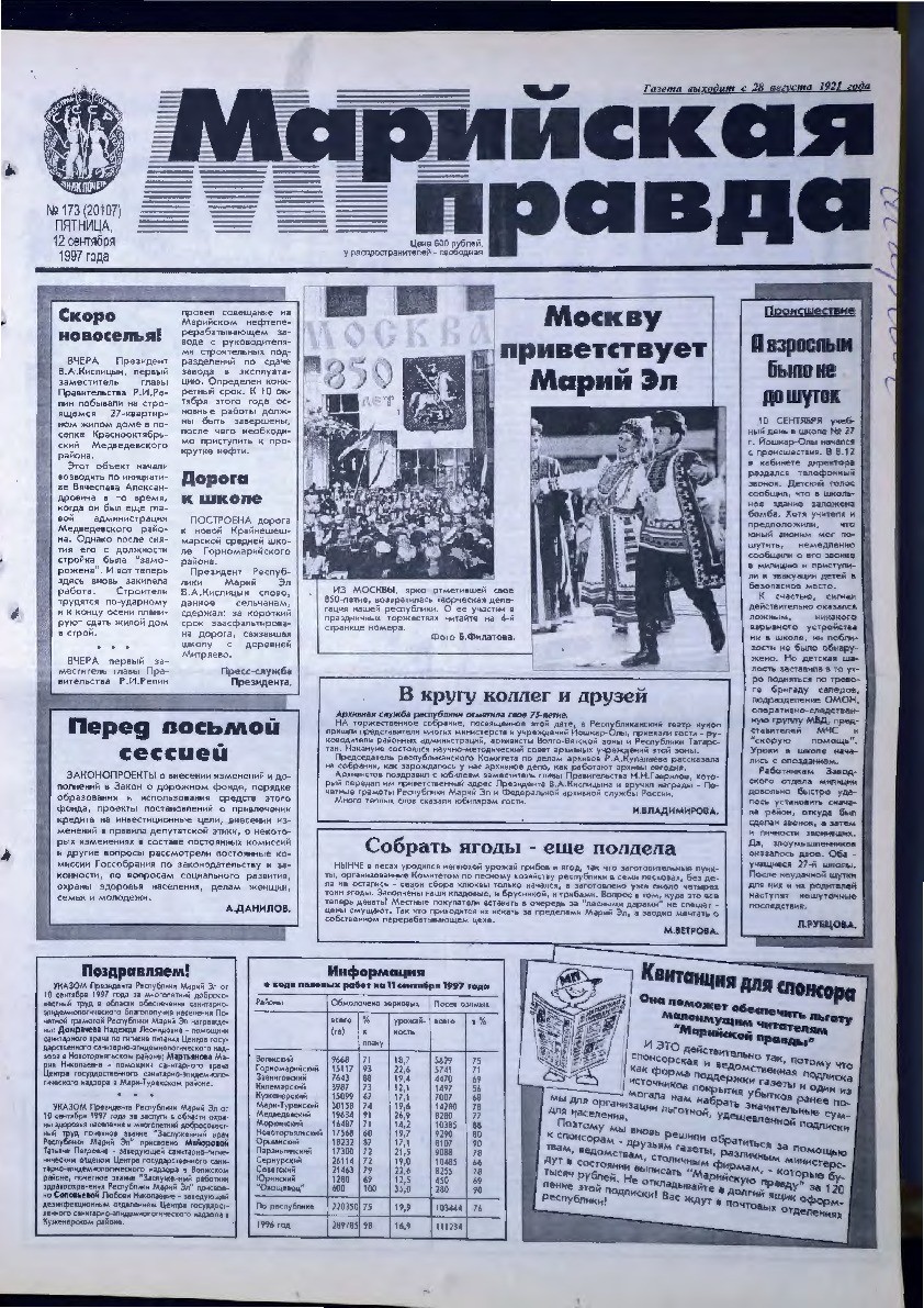 Газета «Марийская правда» от 12.09.1997