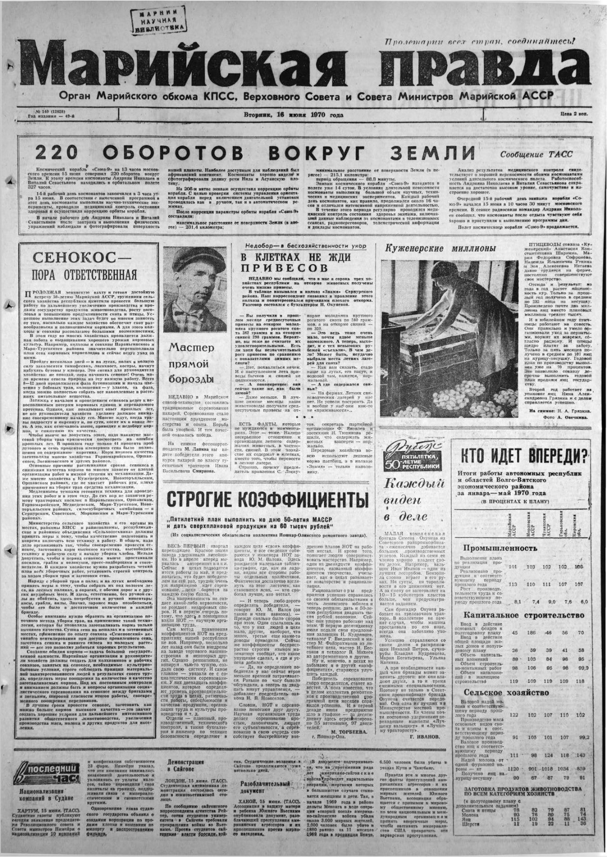 Газета «Марийская правда» от 16.06.1970