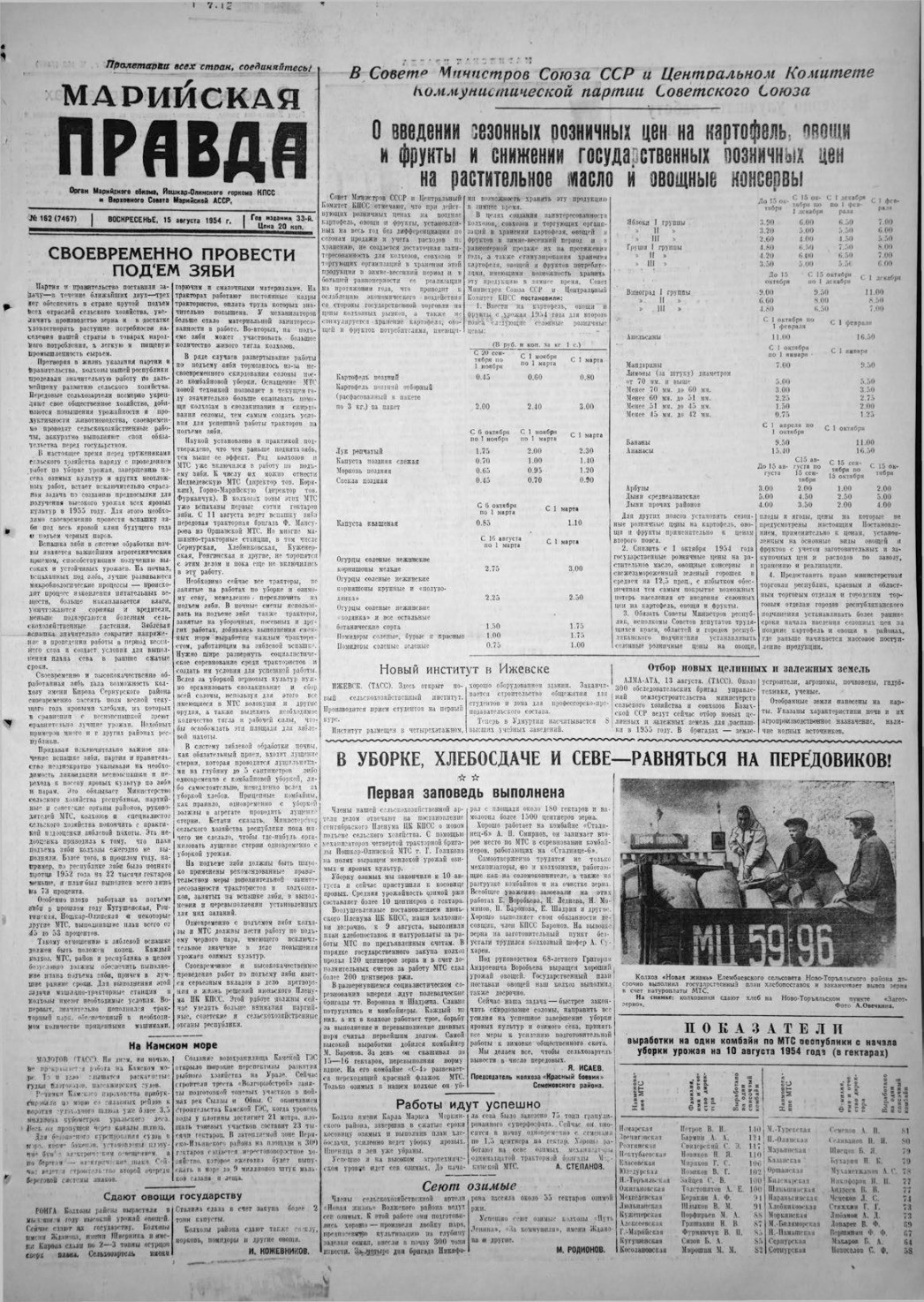 Газета «Марийская правда» от 15.08.1954