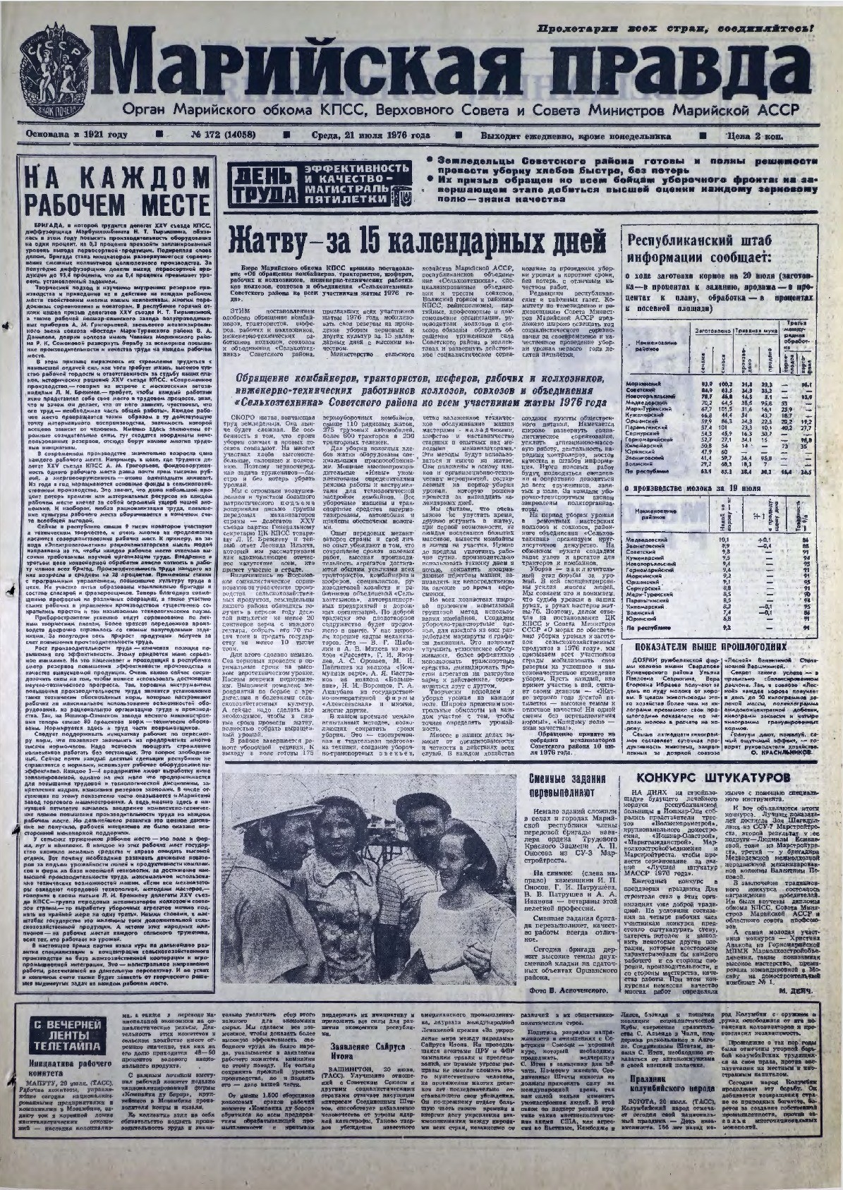 Газета «Марийская правда» от 21.07.1976