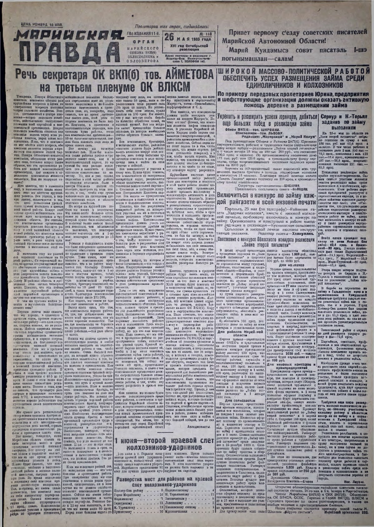 Газета «Марийская правда» от 26.05.1933