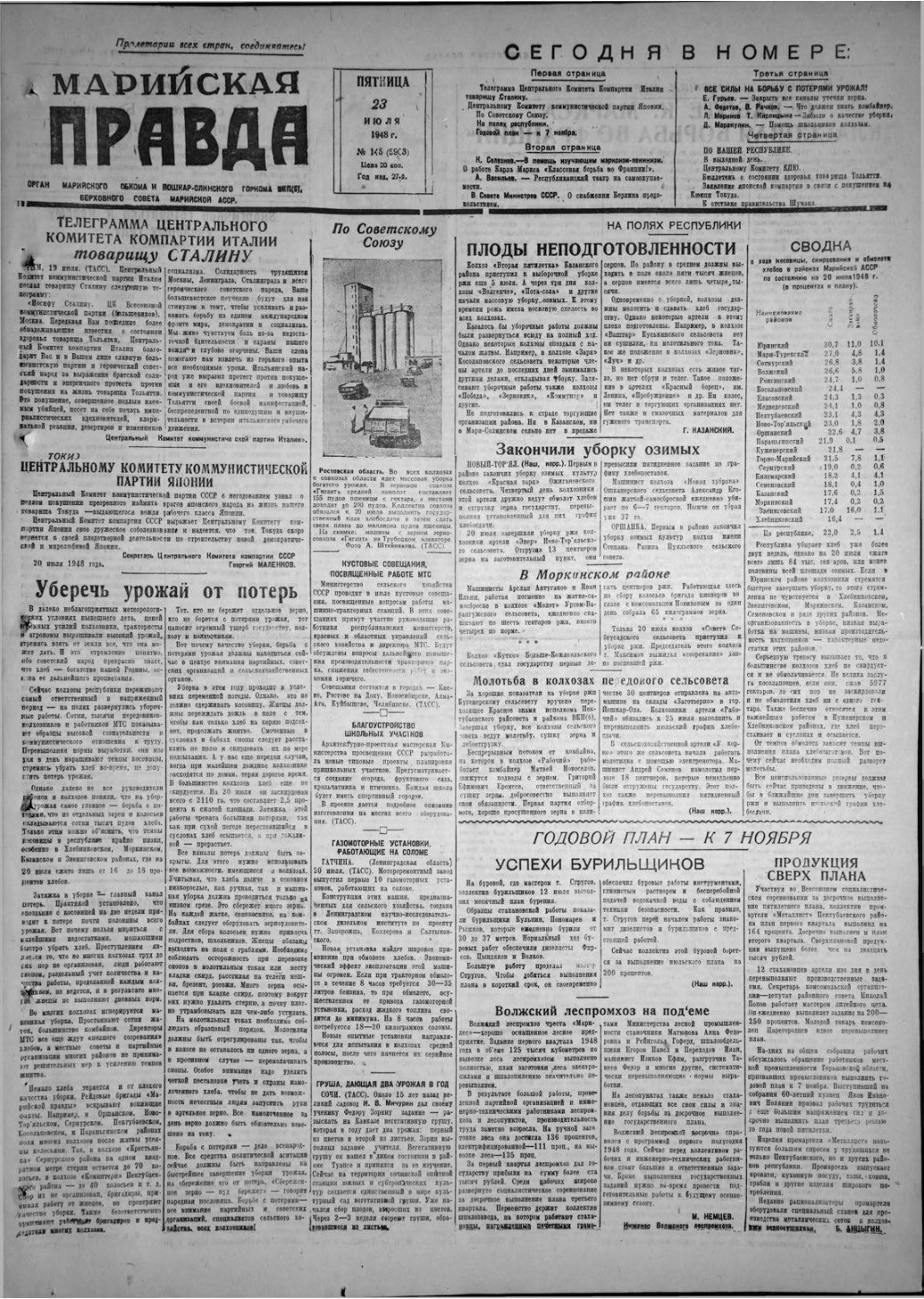 Газета «Марийская правда» от 23.07.1948