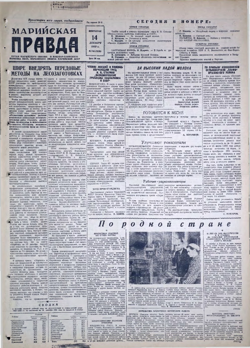 Газета «Марийская правда» от 14.12.1952